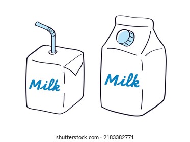 White milk carton and milk box with straw isolated cartoon vector illustration