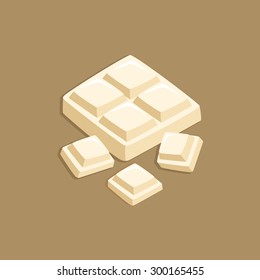 White Milk Chocolate Bar and Pieces in Dark Brown Background