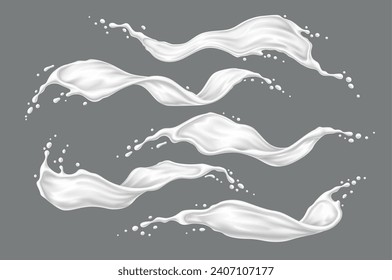 White milk cream or yogurt wave flow splashes. Swirl dairy drink with drops and splatters. Realistic 3d vector liquid swirls and drips, liquid flow streams. Milky or dairy fresh product isolated set