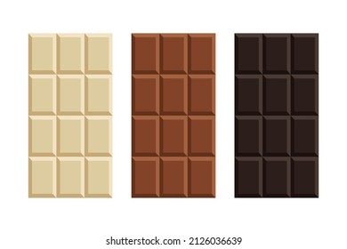 White, Milk and Dark Black Chocolate Bar Icon Set Closeup Isolated on White Background. Design Template. Chocolate bar package packaging blank white pack set vector illustration background design. 