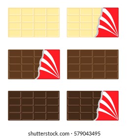 White, milk, dark chocolate bar icon set. Opened red wrapping paper foil . Tasty sweet dessert food. 