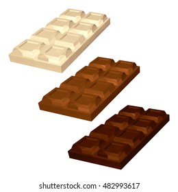 White Milk and Dark Chocolate Bars in Perspective. Set of Chocolates Isolated on White Background. Vector 3d Realistic Illustration.