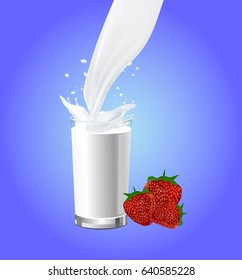 White milk glass in blue background and strawberries