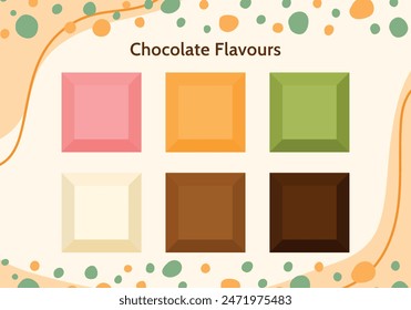 White, Milk, Matcha, Orange, Strawberry, Dark, Chocolate chunky bar flavor in a pieces. square chocolate vector illustration isolated on transparent background