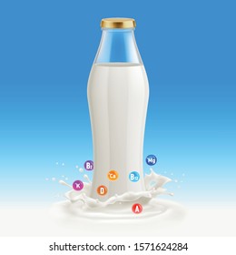 White Milk Pack Package Packaging Glass Bottle. Illustration Isolated on Blue Background. Useful and Vitamins Template with Splash. Traditional Old Fashioned Glass Milk Bottle