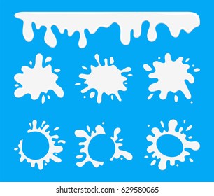 White Milk Round Splash Line and Blot Set on a Blue Background. Vector illustration