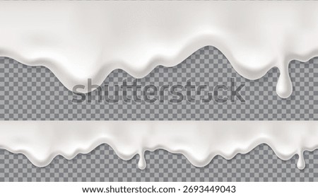 White milk seamless drip. Melting ice cream drop, realistic yoghurt border. Vector milkshake wave