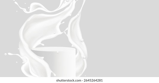 White milk splash around circular podium with flowing liquid waves, droplets on gray background for dairy product display, yogurt packaging, beverage advertising or creamy cosmetic presentations.