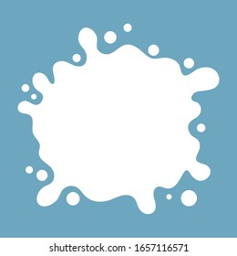White milk splash with drops, isolated on blue background, vector illustration.