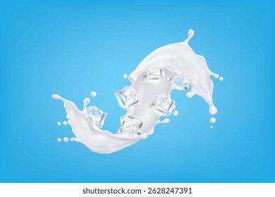 White milk splash with flying ice cubes on blue background in realistic 3D style.