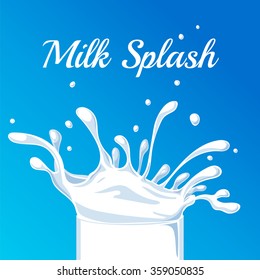 White milk splash label template with milk waves on blue background.