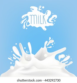 White milk splash label template with milk waves on blue background.