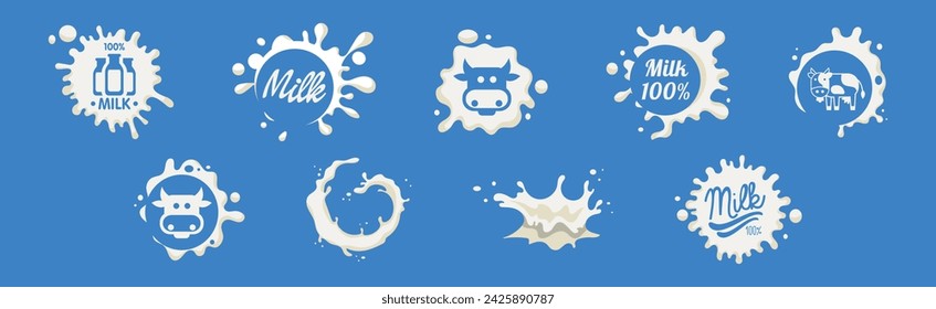 White Milk Splash on Blue Background with Text Vector Set