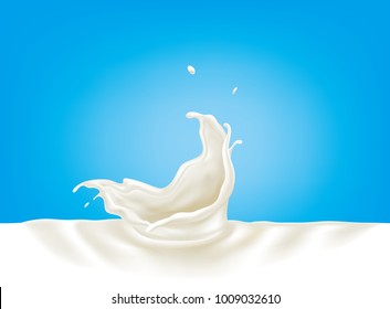 White milk splash with pouring milk on blue background. Vector 3d illustration