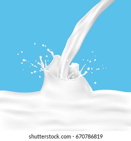 White milk splash with pouring milk on blue background. Vector 3d illustration