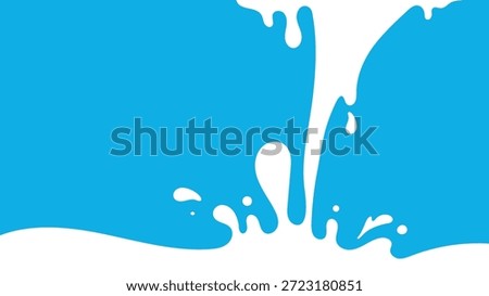 White milk splash pours and spreads upward against a blue background, forming a clean liquid illustration with flowing drops and waves ideal for food marketing, packaging, education, and dairy branding.