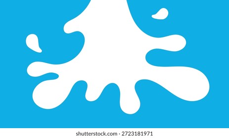 Der weiße Milchspritzer breitet sich auf blauem Hintergrund nach außen aus und bildet eine glatte flüssige Illustration mit abgerundeten Tropfen und Kurven, die ideal für Lebensmittelmarketing, Verpackungsdesign, Bildungsanzeigen und Molkereimarken sind.