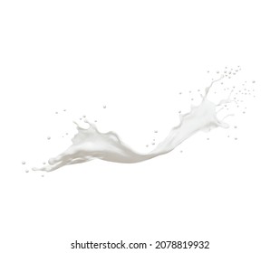 White milk splash swirl with splatter and drops, vector liquid yogurt or cream drink wave. Milk splash of dairy product, 3D realistic milky flow of creamy pouring isolated on white