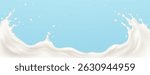 White milk splash wave - liquid swirl on light blue background. Creamy dairy product, yogurt or cream flow with drops and bubbles. Healthy drink smooth dessert ingredient in motion. 3d vector.