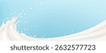 White milk splash wave - liquid swirl on light blue background. Creamy dairy product, yogurt or cream flow with drops and bubbles. Healthy drink smooth dessert ingredient in motion. 3d vector.
