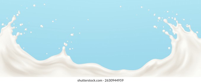 White milk splash wave - liquid swirl on light blue background. Creamy dairy product, yogurt or cream flow with drops and bubbles. Healthy drink smooth dessert ingredient in motion. 3d vector.