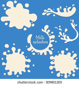 White milk splashes. Yogurt  blot on blue background. Vector 