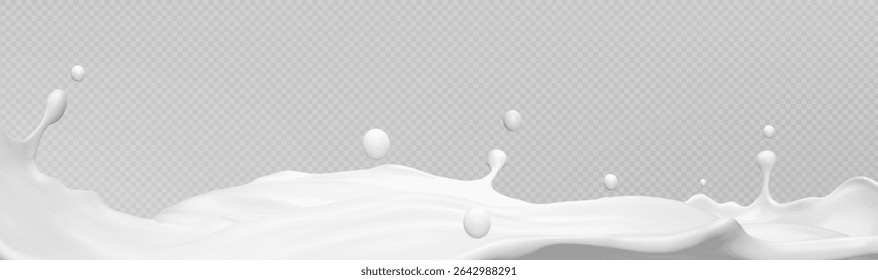 White milk wave splash with flying droplets on transparent background - creamy liquid flow for dairy product design. Fresh beverage motion effect isolated for packaging and advertising graphics.