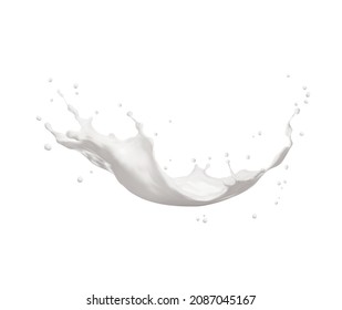 White milk wave splash with splatters and drops. Isolated liquid dynamic motion with scatter droplets, pouring dairy product. Element for package design, promo ad, Realistic 3d vector illustration