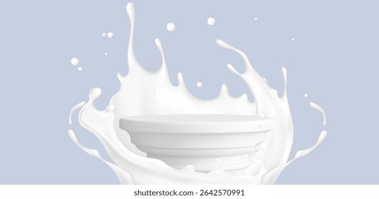 Onda de leite branco respingo ao redor do pódio da coluna circular no fundo azul. Coroa líquida cremosa com gotas para exibição de laticínios. Plataforma de apresentação de bebidas frescas para design de publicidade do produto.