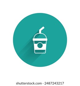 White Milkshake icon isolated with long shadow. Plastic cup with lid and straw. Green circle button. Vector