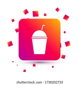 White Milkshake icon isolated on white background. Plastic cup with lid and straw. Square color button. Vector Illustration