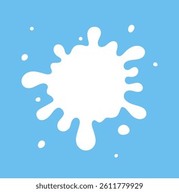 A white milky splash with drops and splashes on a blue background. Abstract minimalistic graphic vector illustration, flat design. Organic Stain, an element for labels, covers, designs, decorations