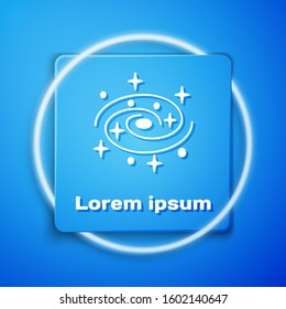 White Milky way spiral galaxy with stars icon isolated on blue background. Blue square button. Vector Illustration