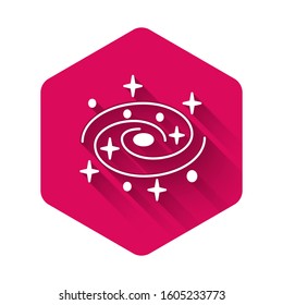 White Milky way spiral galaxy with stars icon isolated with long shadow. Pink hexagon button. Vector Illustration
