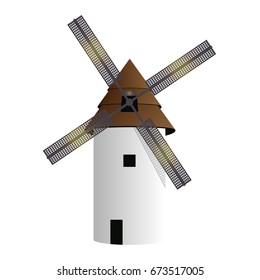 A white mill with a propeller with four blades, a multilevel roof and a black window.