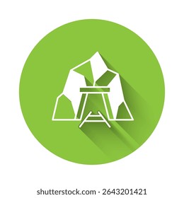 White Mine entrance icon isolated with long shadow background. Green circle button. Vector