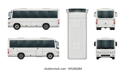 White Mini Bus Vector Template. Isolated City Minibus Set. Vehicle Branding Mockup. Side, Front, Back, Top View. All Elements In The Groups On Separate Layers. Easy To Edit And Recolor.