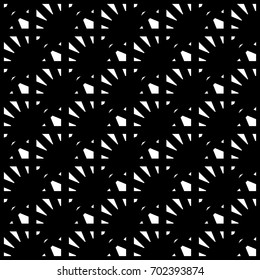 White mini polygons on black background. Seamless surface pattern design with triangles, quadrangles, pentagons. Ethnic ornament motif. Embroidery wallpaper. Digital paper for textile print. Vector.