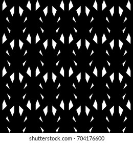 White mini polygons on black background. Seamless surface pattern design with quadrangles, triangles. Ethnic ornament motif. Embroidery wallpaper. Digital paper, textile print, page fill. Vector art.