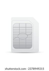 Tarjeta mini sim blanca con chip de plata o acero para teléfono móvil. Diseño 3d de la tarjeta simcard del vector gsm aislado en fondo blanco.