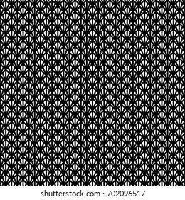 White mini triangles on black background. Image with repeated teeth. Canines. Seamless pattern with scales. Modern grid motif. Peacock. Sharp strokes. Palm tree leafs grid. Triangular shapes. Vector.