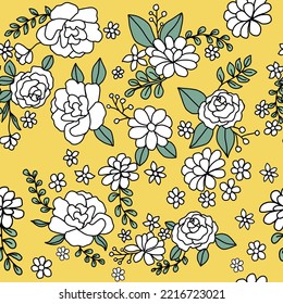 white minimal flower seamless pattern yellow background vector illustration design