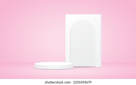 white minimal podium display with arch signboard 3d illustration vector on sweet pastel background for putting object