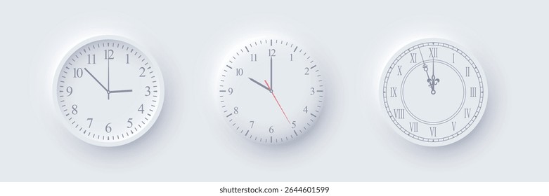 White minimal round wall clocks with simple hour marks and modern design. Elegant analog clocks in neomorphism style on light grey background. Vector illustrations set.