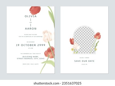 White minimalist colorful tulip flowers wedding invitation