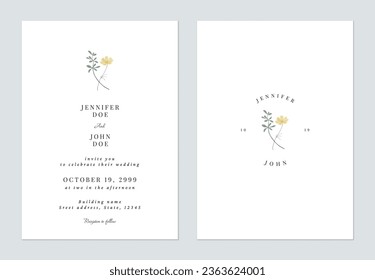 White minimalist green leaves and cosmos flower wedding invitation