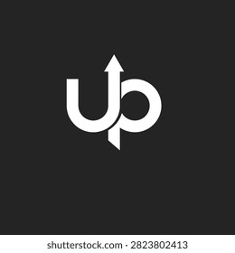 White minimalist UP wordmark with an ascending arrow on a dark background. A modern graphic symbol for growth, success, and aspiration for various business applications.