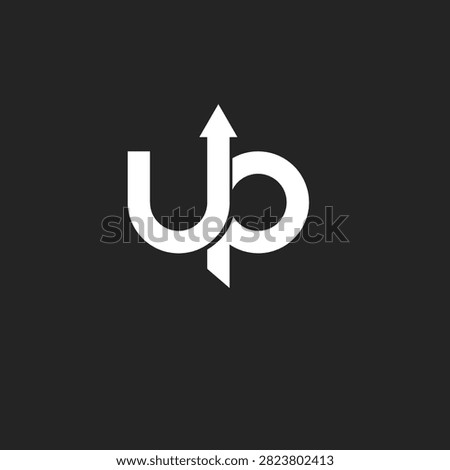 White minimalist UP wordmark with an ascending arrow on a dark background. A modern graphic symbol for growth, success, and aspiration for various business applications.