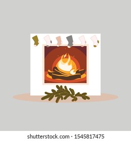 White minimalistic Christmas isolated burning fireplace with fir branches on the floor and six cute socks on a gray background.