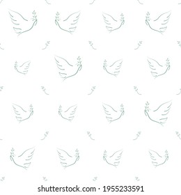 White minimalistic dove illustration vector seamless pattern on white background